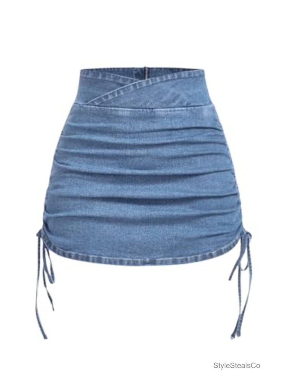 Denim Mini Skirt High Rise Ruched A-Line Wrap V Waist Zipper Back